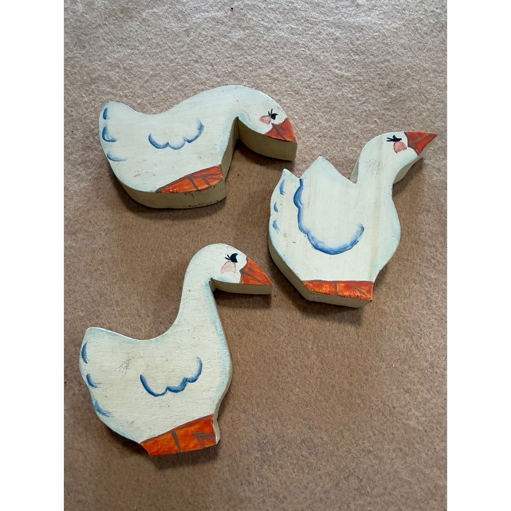 Vintage Hand Painted Wood Geese Set of 3 Country Kitchen Farmhouse Goose Decor